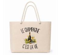 Planetee Sac Isotherme Le champagne c'est la vie | Grand Cabas 23 L en Coton avec Doublure Aluminium Double Paroi Zip et Anses Corde | Pique-Nique Courses Bon Vivant Bonne Vivante