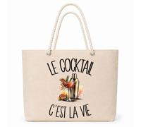 Planetee Sac Isotherme Le cocktail c'est la vie | Grand Cabas 23 L en Coton avec Doublure Aluminium Double Paroi Zip et Anses Corde | Pique-Nique Courses Bon Vivant Bonne Vivante