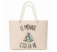 Planetee Sac Isotherme Le ménage c'est la vie | Grand Cabas 23 L en Coton avec Doublure Aluminium Double Paroi Zip et Anses Corde | Pique-Nique Courses Fée du Logis