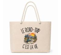 Planetee Sac Isotherme Le road-trip c'est la vie | Grand Cabas 23 L en Coton avec Doublure Aluminium Double Paroi Zip et Anses Corde | Pique-Nique Courses Voyageur Voyageuse