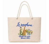 Planetee Sac Isotherme Le saxophone, toujours une bonne idée | Grand Cabas 23 L en Coton avec Doublure Aluminium Double Paroi Zip et Anses Corde | Pique-Nique Courses Saxophoniste