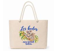 Planetee Sac Isotherme Les koalas, mon animal totem | Grand Cabas 23 L en Coton avec Doublure Aluminium Double Paroi Zip et Anses Corde | Pique-Nique Courses Amoureux et Amoureuse des Animaux