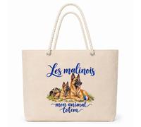 Planetee Sac Isotherme Les malinois, mon animal totem | Grand Cabas 23 L en Coton avec Doublure Aluminium Double Paroi Zip et Anses Corde | Pique-Nique Courses Propriétaire de Chien