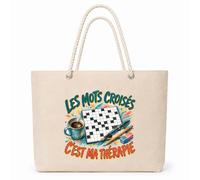 Planetee Sac Isotherme Les mots croisés c'est ma thérapie | Grand Cabas 23 L en Coton avec Doublure Aluminium Double Paroi Zip et Anses Corde | Pique-Nique Courses