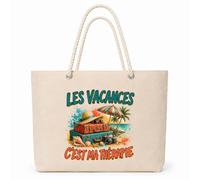 Planetee Sac Isotherme Les vacances c'est ma thérapie | Grand Cabas 23 L en Coton avec Doublure Aluminium Double Paroi Zip et Anses Corde | Pique-Nique Courses