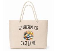 Planetee Sac Isotherme Les Vendredis Soir c’est la vie | Grand Cabas 23 L en Coton avec Doublure Aluminium Double Paroi Zip et Anses Corde | Pique-Nique Courses