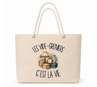 Planetee Sac Isotherme Les vide-greniers c'est la vie | Grand Cabas 23 L en Coton avec Doublure Aluminium Double Paroi Zip et Anses Corde | Pique-Nique Courses Chineur Chineuse