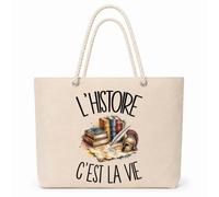 Planetee Sac Isotherme L'histoire c'est la vie | Grand Cabas 23 L en Coton avec Doublure Aluminium Double Paroi Zip et Anses Corde | Pique-Nique Courses Passionné et Passionnée du Passé