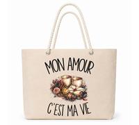 Planetee Sac Isotherme Mon amour c'est ma vie | Grand Cabas 23 L en Coton avec Doublure Aluminium Double Paroi Zip et Anses Corde | Pique-Nique Courses Amoureux Amoureuse