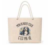 Planetee Sac Isotherme Mon Bearded Collie c'est ma vie | Grand Cabas 23 L en Coton avec Doublure Aluminium Double Paroi Zip et Anses Corde | Pique-Nique Courses Propriétaire Chien