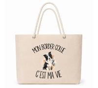 Planetee Sac Isotherme Mon Border Collie c'est ma vie | Grand Cabas 23 L en Coton avec Doublure Aluminium Double Paroi Zip et Anses Corde | Pique-Nique Courses Propriétaire Chien
