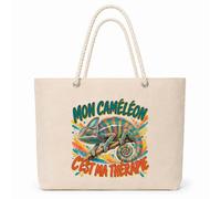 Planetee Sac Isotherme Mon caméléon c'est ma thérapie | Grand Cabas 23 L en Coton avec Doublure Aluminium Double Paroi Zip et Anses Corde | Pique-Nique Courses