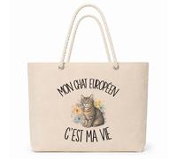 Planetee Sac Isotherme Mon Chat Européen c'est ma vie | Grand Cabas 23 L en Coton avec Doublure Aluminium Double Paroi Zip et Anses Corde | Pique-Nique Courses Propriétaire Chat