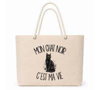 Planetee Sac Isotherme Mon chat noir c'est ma vie | Grand Cabas 23 L en Coton avec Doublure Aluminium Double Paroi Zip et Anses Corde | Pique-Nique Courses Amoureux et Amoureuse des Félins