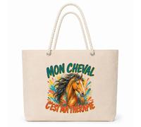 Planetee Sac Isotherme Mon cheval c'est ma thérapie | Grand Cabas 23 L en Coton avec Doublure Aluminium Double Paroi Zip et Anses Corde | Pique-Nique Courses