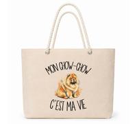 Planetee Sac Isotherme Mon Chow-Chow c'est ma vie | Grand Cabas 23 L en Coton avec Doublure Aluminium Double Paroi Zip et Anses Corde | Pique-Nique Courses Propriétaire Chien