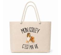 Planetee Sac Isotherme Mon Colley c'est ma vie | Grand Cabas 23 L en Coton avec Doublure Aluminium Double Paroi Zip et Anses Corde | Pique-Nique Courses Propriétaire Chien
