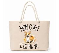 Planetee Sac Isotherme Mon Corgi c'est ma vie | Grand Cabas 23 L en Coton avec Doublure Aluminium Double Paroi Zip et Anses Corde | Pique-Nique Courses Propriétaire Chien