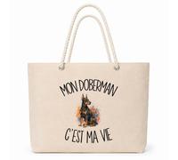 Planetee Sac Isotherme Mon Doberman c'est ma vie | Grand Cabas 23 L en Coton avec Doublure Aluminium Double Paroi Zip et Anses Corde | Pique-Nique Courses Propriétaire Chien