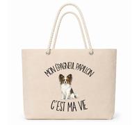 Planetee Sac Isotherme Mon Épagneul Papillon c'est ma vie | Grand Cabas 23 L en Coton avec Doublure Aluminium Double Paroi Zip et Anses Corde | Pique-Nique Courses Propriétaire Chien
