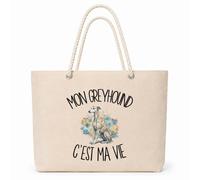 Planetee Sac Isotherme Mon Greyhound c'est ma vie | Grand Cabas 23 L en Coton avec Doublure Aluminium Double Paroi Zip et Anses Corde | Pique-Nique Courses Propriétaire Chien