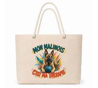 Planetee Sac Isotherme Mon malinois c'est ma thérapie | Grand Cabas 23 L en Coton avec Doublure Aluminium Double Paroi Zip et Anses Corde | Pique-Nique Courses