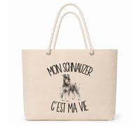 Planetee Sac Isotherme Mon Schnauzer c'est ma vie | Grand Cabas 23 L en Coton avec Doublure Aluminium Double Paroi Zip et Anses Corde | Pique-Nique Courses Propriétaire Chien