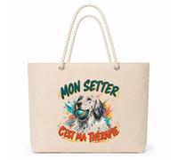Planetee Sac Isotherme Mon setter c'est ma thérapie | Grand Cabas 23 L en Coton avec Doublure Aluminium Double Paroi Zip et Anses Corde | Pique-Nique Courses