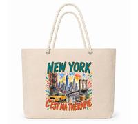 Planetee Sac Isotherme New York c'est ma thérapie | Grand Cabas 23 L en Coton avec Doublure Aluminium Double Paroi Zip et Anses Corde | Pique-Nique Courses
