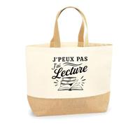 Planetee Sac J’peux pas j’ai Lecture J'peux pas minimaliste | Cabas en Coton avec Fond Jute 18 L 48 × 37 × 13 cm | Marché Shopping Plage Courses | Cadeau Femme Anniversaire Noël