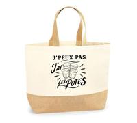 Planetee Sac J’peux pas j’ai les Potes J'peux pas minimaliste | Cabas en Coton avec Fond Jute 18 L 48 × 37 × 13 cm | Marché Shopping Plage Courses | Cadeau Femme Anniversaire Noël