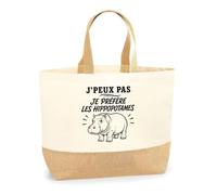 Planetee Sac J’peux pas je préfère les Hippopotames | Cabas en Coton avec Fond Jute 18 L 48 × 37 × 13 cm | Marché Shopping Plage Courses | Cadeau Femme Anniversaire Noël