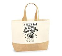 Planetee Sac J’peux pas je préfère mon Carlin J'peux pas minimaliste | Cabas en Coton avec Fond Jute 18 L 48 × 37 × 13 cm | Marché Shopping Plage Courses | Cadeau Femme Anniversaire Noël