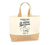 Planetee Sac J’peux pas je préfère mon Cheval J'peux pas minimaliste | Cabas en Coton avec Fond Jute 18 L 48 × 37 × 13 cm | Marché Shopping Plage Courses | Cadeau Femme Anniversaire Noël
