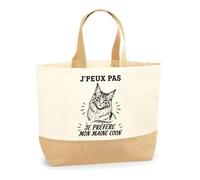 Planetee Sac J’peux pas je préfère mon Maine Coon J'peux pas minimaliste | Cabas en Coton avec Fond Jute 18 L 48 × 37 × 13 cm | Marché Shopping Plage Courses | Cadeau Femme Anniversaire Noël