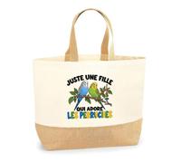 Planetee Sac Juste une fille qui adore les perruches | Cabas en Coton avec Fond Jute 18 L 48 × 37 × 13 cm | Marché Shopping Plage Courses | Cadeau Amoureuse des Oiseaux Femme Anniversaire Noël