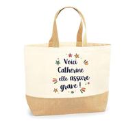 Planetee Sac jute Catherine elle assure grave ! | Cabas de Plage Courses Coton et Toile de Jute Cadeau Femme Fête des Mères Anniversaire Soeur Noël Tata Marraine