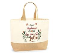 Planetee Sac jute Hortense la vie est plus jolie - Cabas de Plage Courses Coton et Toile de Jute Cadeau Femme Fête des Mères Anniversaire Soeur Noël Tata Marraine