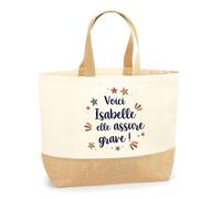 Planetee Sac jute Isabelle elle assure grave ! | Cabas de Plage Courses Coton et Toile de Jute Cadeau Femme Fête des Mères Anniversaire Soeur Noël Tata Marraine
