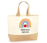 Planetee Sac jute Personnalisable Merci Maîtresse arc en ciel| Sac Cabas Rentrée des Classes Cadeau Remerciement fin d'Années Cadeau Collègue Cadeau Professeur Institutrice Prof Noël