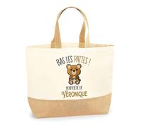 Planetee Sac jute Véronique Bas les pattes Ours - Cabas de Plage Fête des mères Courses Coton et Toile de Jute Idée Cadeau