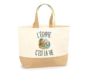 Planetee Sac L’Égypte c’est la vie | Cabas en Coton avec Fond Jute 18 L 48 × 37 × 13 cm | Marché Shopping Plage Courses | Cadeau Voyageur Voyageuse Femme Anniversaire Noël
