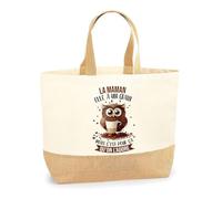 Planetee Sac La Maman Chouette grain | Cabas de Plage Courses Coton et Toile de Jute Idée Cadeau Femme