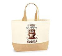 Planetee Sac La Nounou Chouette grain | Cabas de Plage Courses Coton et Toile de Jute Idée Cadeau Femme