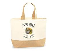 Planetee Sac La Provence c'est la vie | Cabas en Coton avec Fond Jute 18 L 48 × 37 × 13 cm | Marché Shopping Plage Courses | Cadeau Provençal Provençale Femme Anniversaire Noël