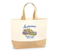 Planetee Sac La Provence, toujours une bonne idée | Cabas en Coton avec Fond Jute 18 L 48 × 37 × 13 cm | Marché Shopping Plage Courses | Cadeau Provençal Provençale Femme Anniversaire Noël