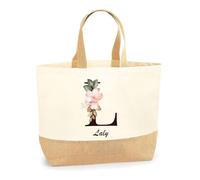 Planetee Sac Laly Lettre Fleur | Cabas de Plage Courses Coton et Toile de Jute Idée Cadeau Femme