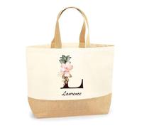 Planetee Sac Laurence Lettre Fleur | Cabas de Plage Courses Coton et Toile de Jute Idée Cadeau Femme