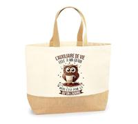 Planetee Sac L'Auxiliaire de Vie Chouette grain | Cabas de Plage Courses Coton et Toile de Jute Idée Cadeau Femme