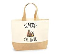Planetee Sac Le Nord c'est la vie | Cabas en Coton avec Fond Jute 18 L 48 × 37 × 13 cm | Marché Shopping Plage Courses | Cadeau Ch'ti Femme Anniversaire Noël